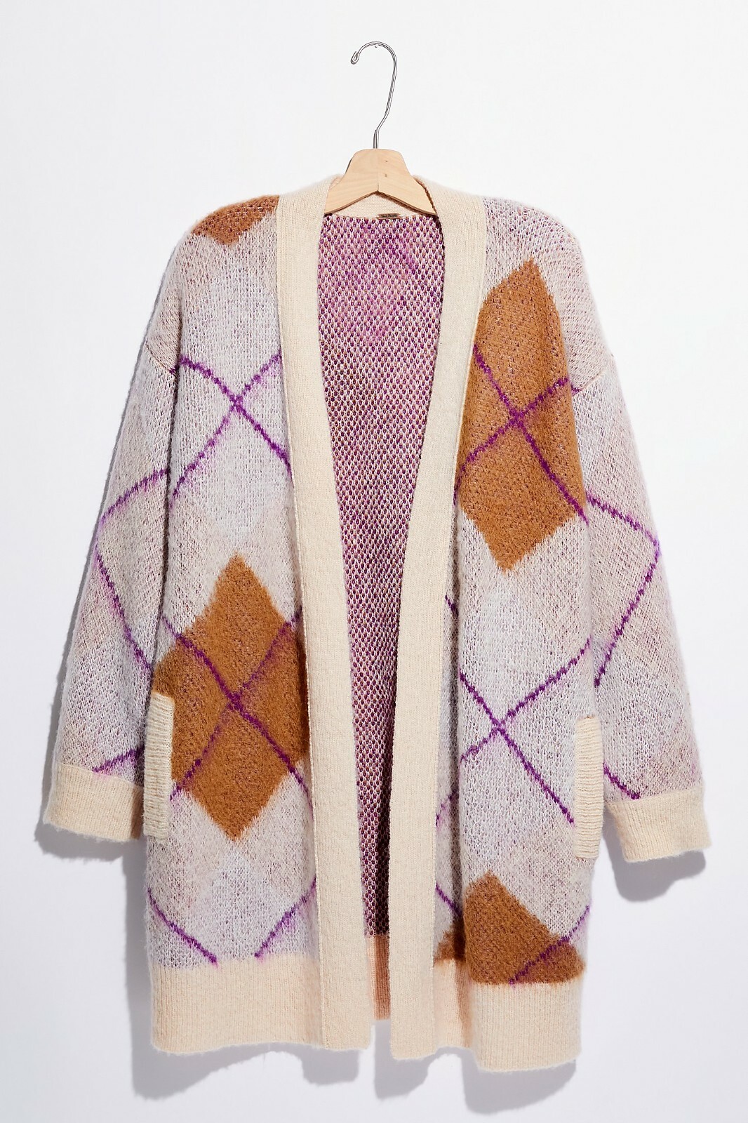 RRP $188 Free People Argyle Avenue Wool Alpaca Long Cardigan, Ivory Purple Small