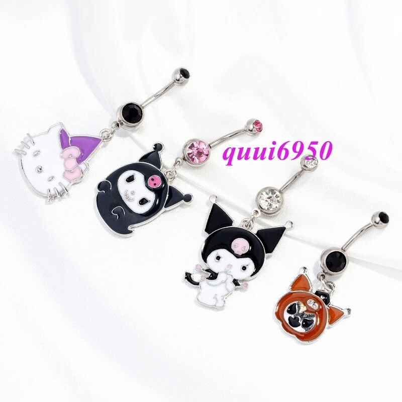 4pcs Cute Enamel Crystal Kuromi Hello Kitty Navel Ring Belly Button Rings