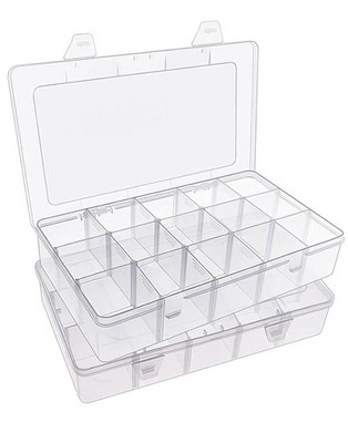 2 Pack 15 Grid Plastic Organizer Box Clear Jewelry Bead Craft Storage Case Label
