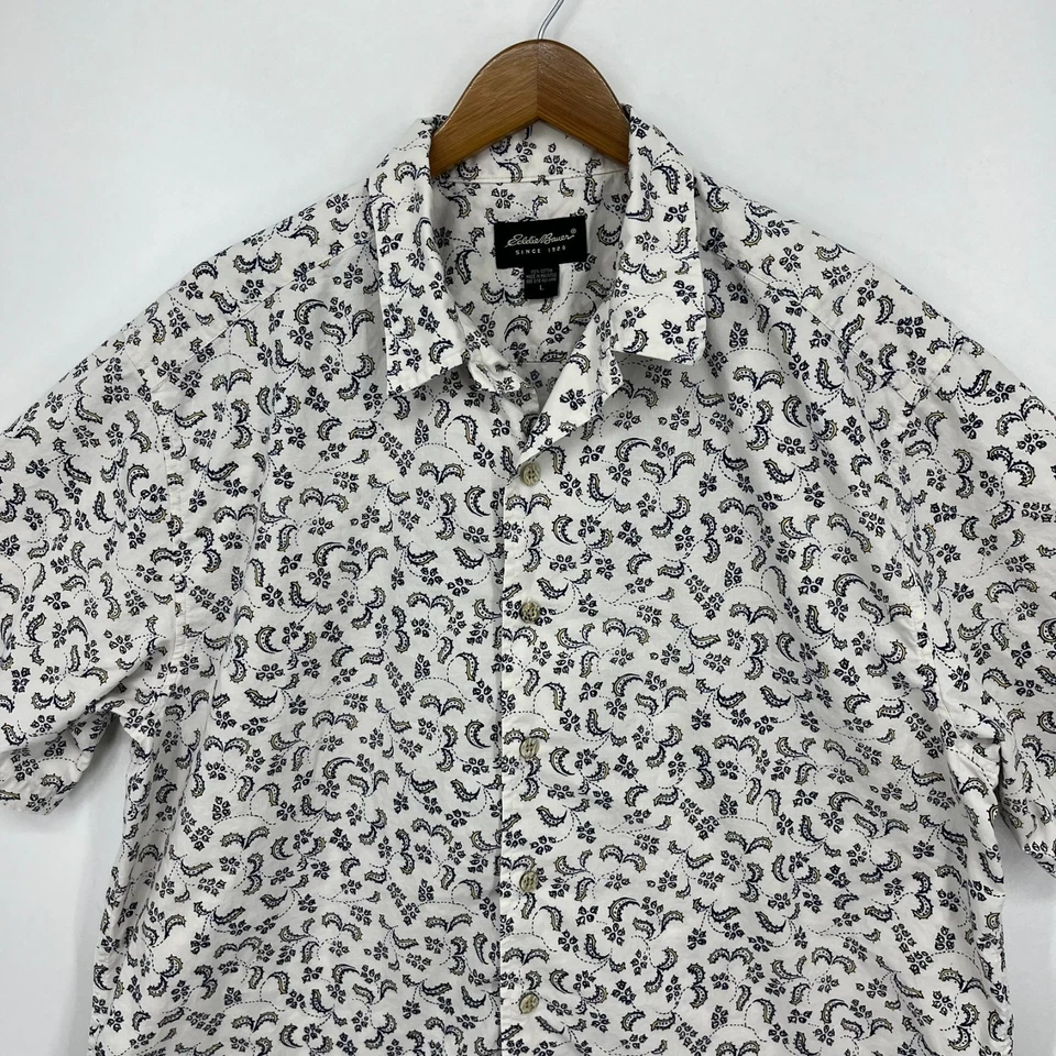 Camisa masculina Eddie Bauer manga curta botão estampa paisley branca vintage anos 90 algodão - Imagem 2 de 4