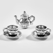 Miniature Tea Cup Set 1:12 Dollhouse Vintage Metal Teapot Coffee Shop silver 2
