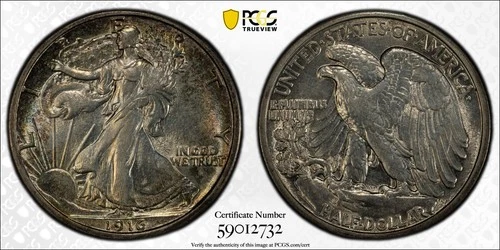 1916 S Walking Liberty Half Dollar PCGS AU-55 COLOR! CAC