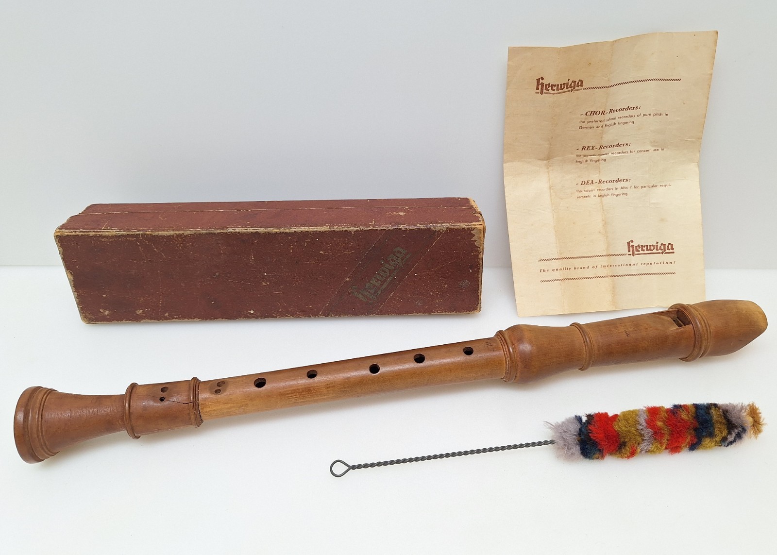Vintage Herwiga F Alto Wood Recorder Flute 3-Piece German Instrument Box Manual