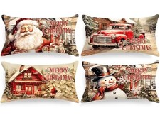 Vintage 12x20 Christmas Throw Lumbar Pillow Covers Set 20" x 12" Pack of 4 