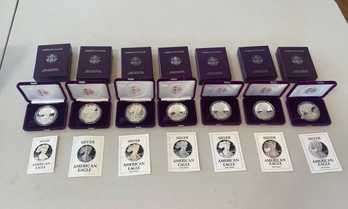 1986-1992 American Silver Eagle 7 Coin Proof Lot OGP, COA, Boxes Included