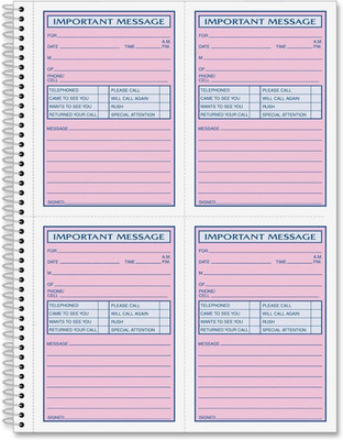 Spiral Bound Phone Message Book, Carbonless Duplicate, 4 Messages per Page, 200