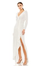 Mac Duggal Size 8 White LONG SLEEVE V NECK  SEQUINED Formal GOWN Dress Wedding