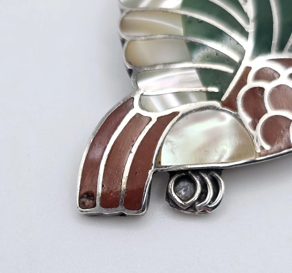 Vintage 950 Fine Silver Gemstone Inlay Bird Pendant Necklace Native Tribal  - Image 4 of 4