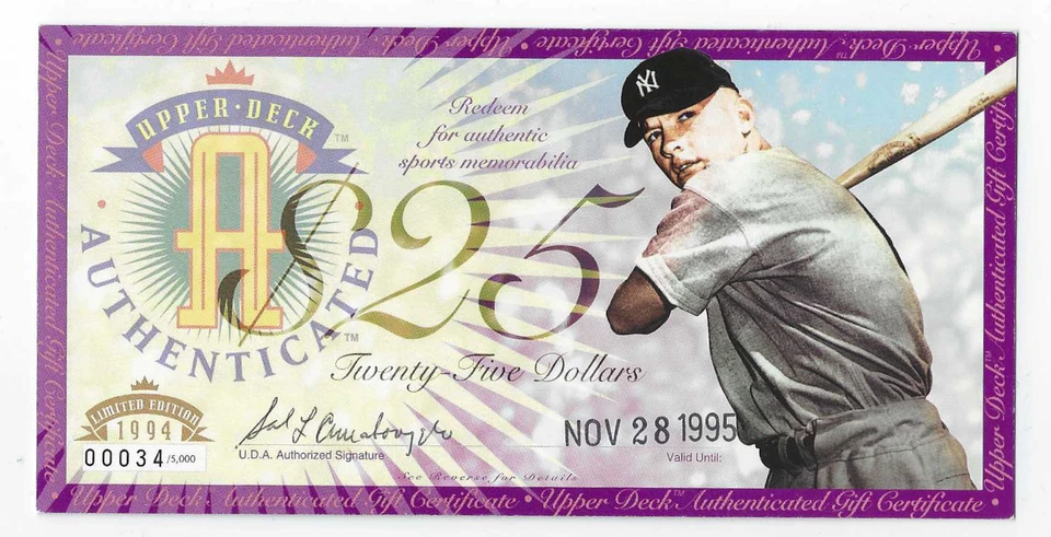 Certificado de regalo de $25 Upper Deck 1994 edición limitada con sobre original-Mickey Mantle Foto 4 de 4