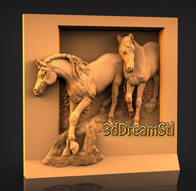 Two Horses STL Model, CNC Router, Artcam, Aspire Art