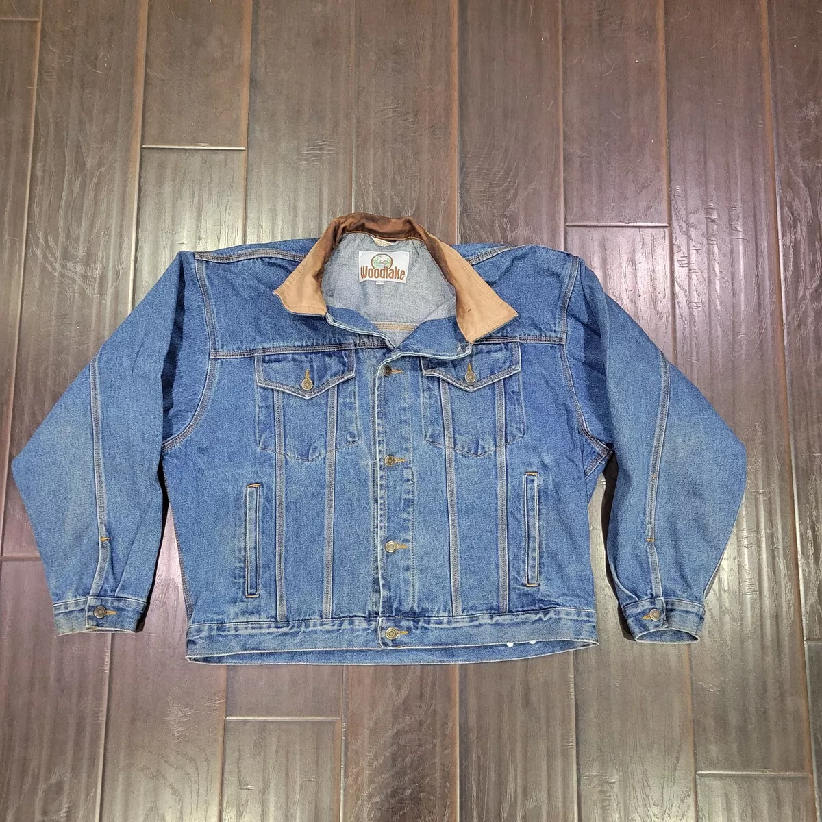 VINTAGE WOODLAKE WESTERN BLUE DENIM JEAN JACKET LEATHER COLLAR MEN S SIZE XL XG