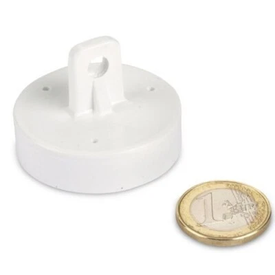 MAGNETS4YOU Dekomagnet Ø 43 mm mit Befestigungsöse, weiß - hält 12 kg