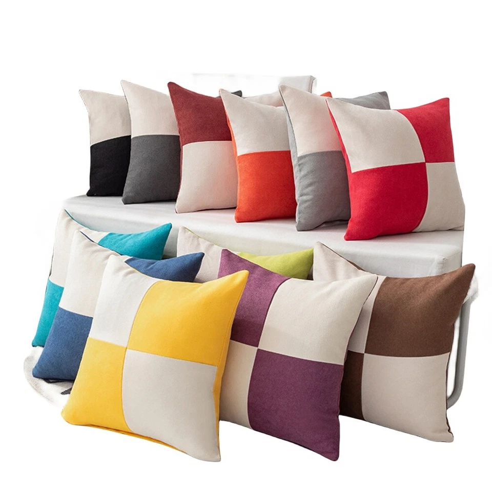 Funda de cojín a cuadros de lino y algodón para el hogar oficina sofá coche funda de almohada Foto 2 de 2