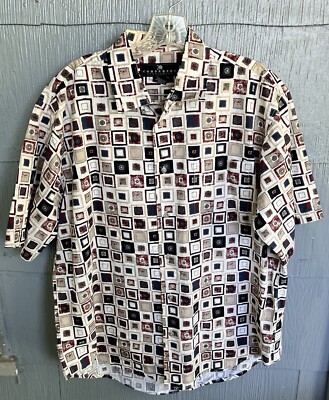 Consensus Button Up Shirt Men s L Geometric Camp Beige Red Blue 100% Cotton