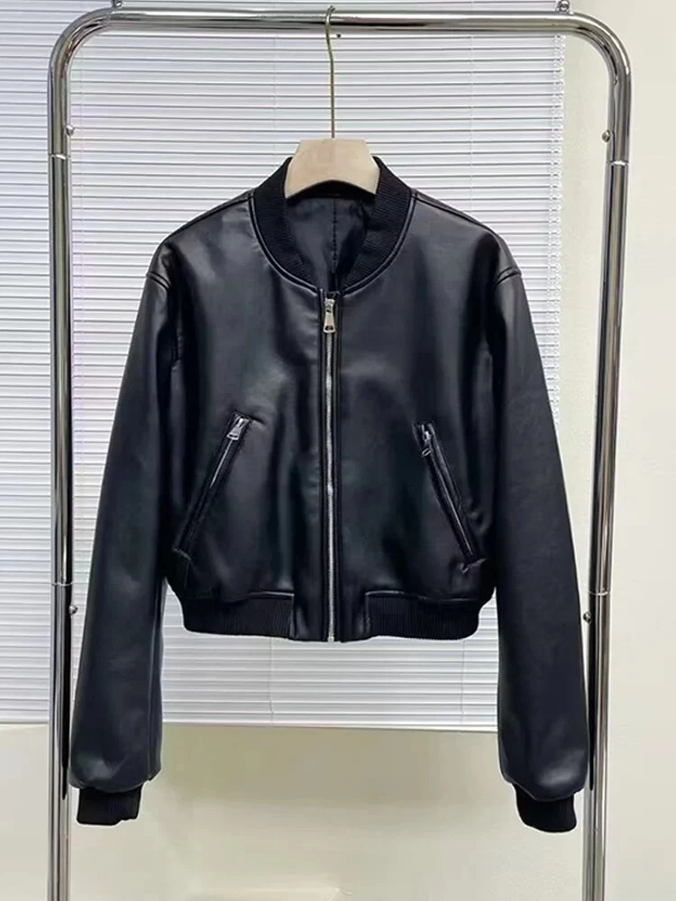 Women Bomber Jacket Cropped New Leather Short Female Stand