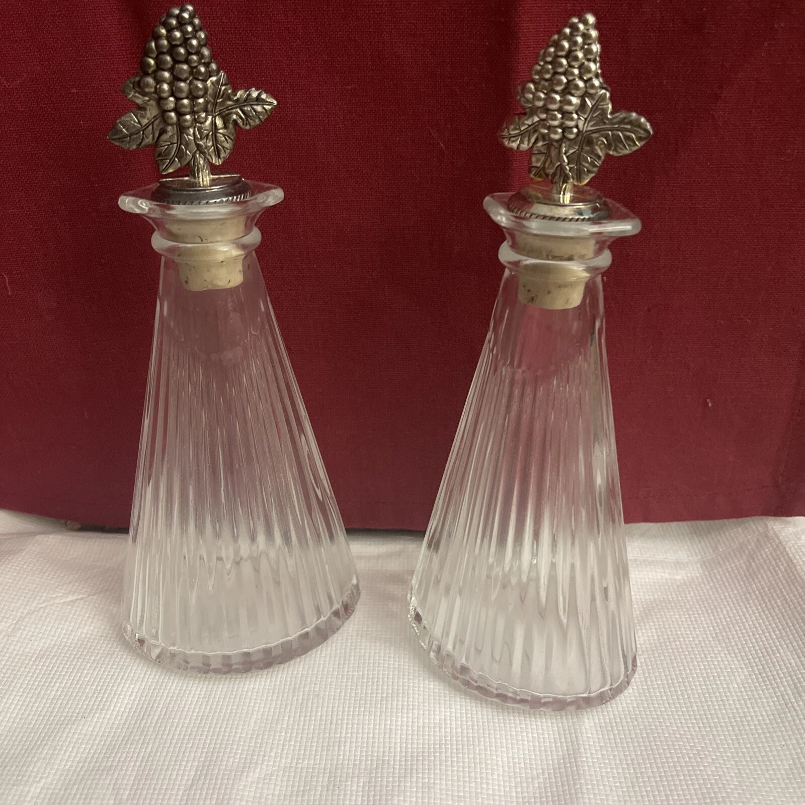 VTG Mikasa GLASS OIL/ VINEGAR Cruets Grape Design Stoppers 7 3/4” Tall