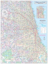 Chicago City Detailed Arterial Wall Map w/Zip Codes *2 Large Sizes*