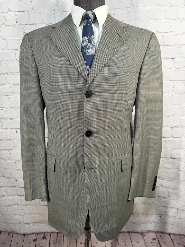 TOMMY HILFIGER Mens Beige Wool FINE HOUNDSTOOTH 2 Pc Suit 40R Jacket 32x31 Pant - Image 2 of 4
