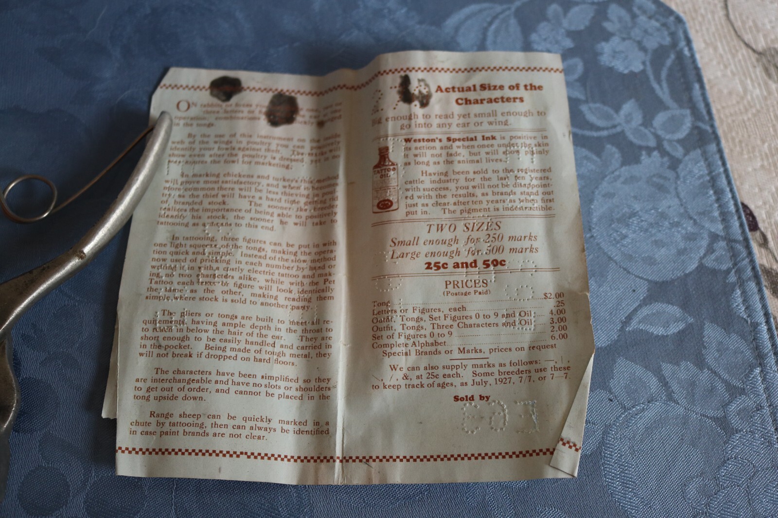 Livestock Pet Tattoo Set Directions on Box Lid Weston Mfg. Supply Co