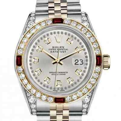 16013 Rolex Datejust 36 mm Silver String Diamond Dial Ruby & Diamond Bezel