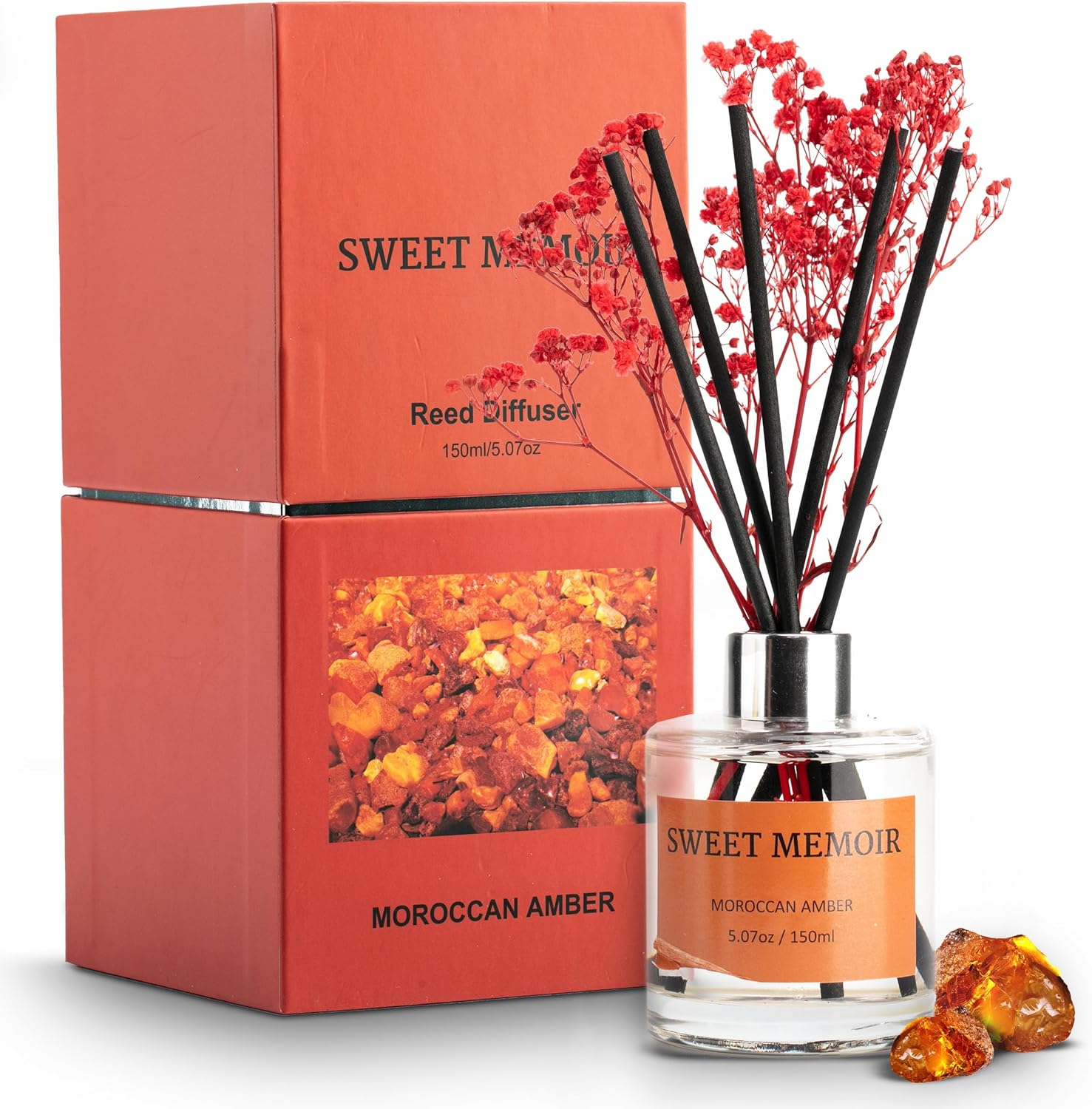 Essential Oil Reed Diffuser Set, Moroccan Amber Fragrance Diffusing Sticks with