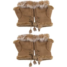 4PC New Winter Fingerless Faux Leather Gloves Hand Wrist W/Warm Rabbit Fur Khaki