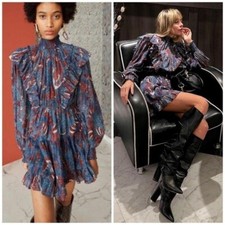 Ulla Johnson Vienne Bird of Paradise Long Sleeve Mock Mini Dress Size 0 Blue