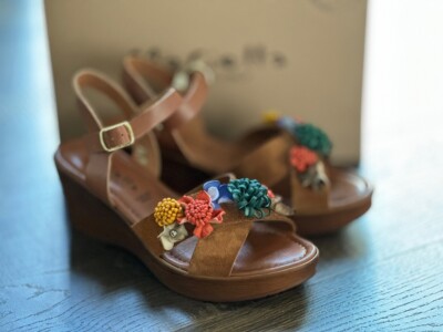 NEW Women's MARIELLA GENUINE LEATHER 3D FLORAL WEDGE Sandal MADE IN ITALY