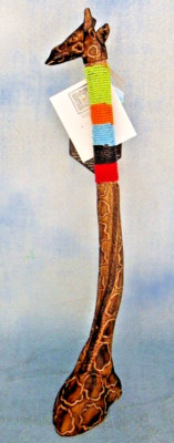 Ari Africa Handmade Wooden Giraffe Figurine Beaded Neck 18'' Tall Made In Kenya