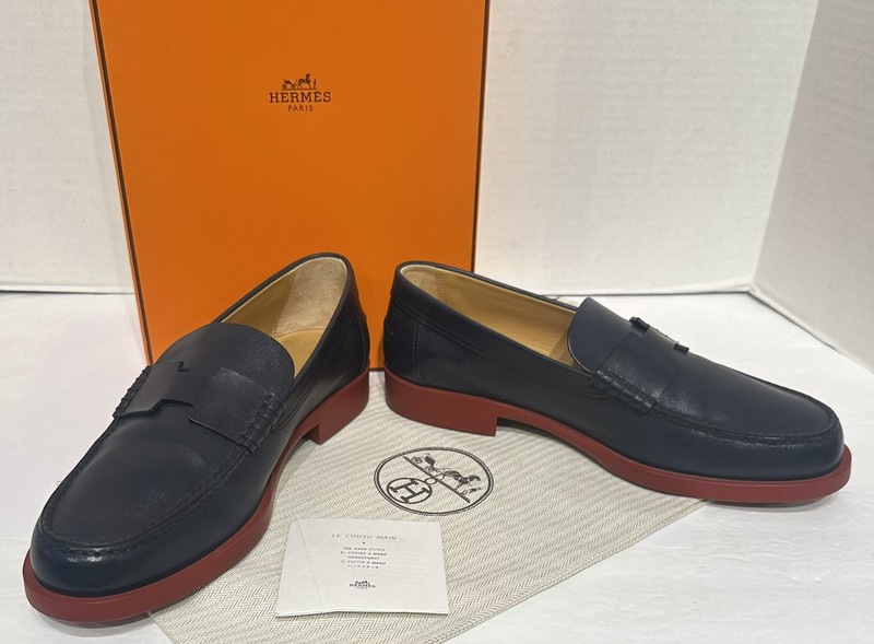 HERMES Navy Blue Leather DUKE Loafers Shoes Moccasin Red Rubber Soles Box Bag 41