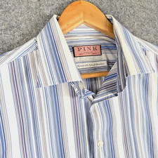 Thomas Pink Shirt Mens 16" Collar Blue Stripe Nylon Blend Stretch Formal Office