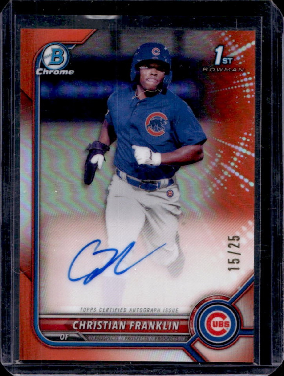 2022 Bowman Chrome Christian Franklin Auto Orange Refractor 1st #/25 Cubs