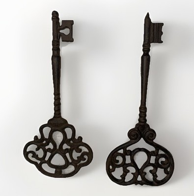 Vintage Lot Of 2  14'' Cast Iron Keys Heavy Authentic Handmade Great Patina