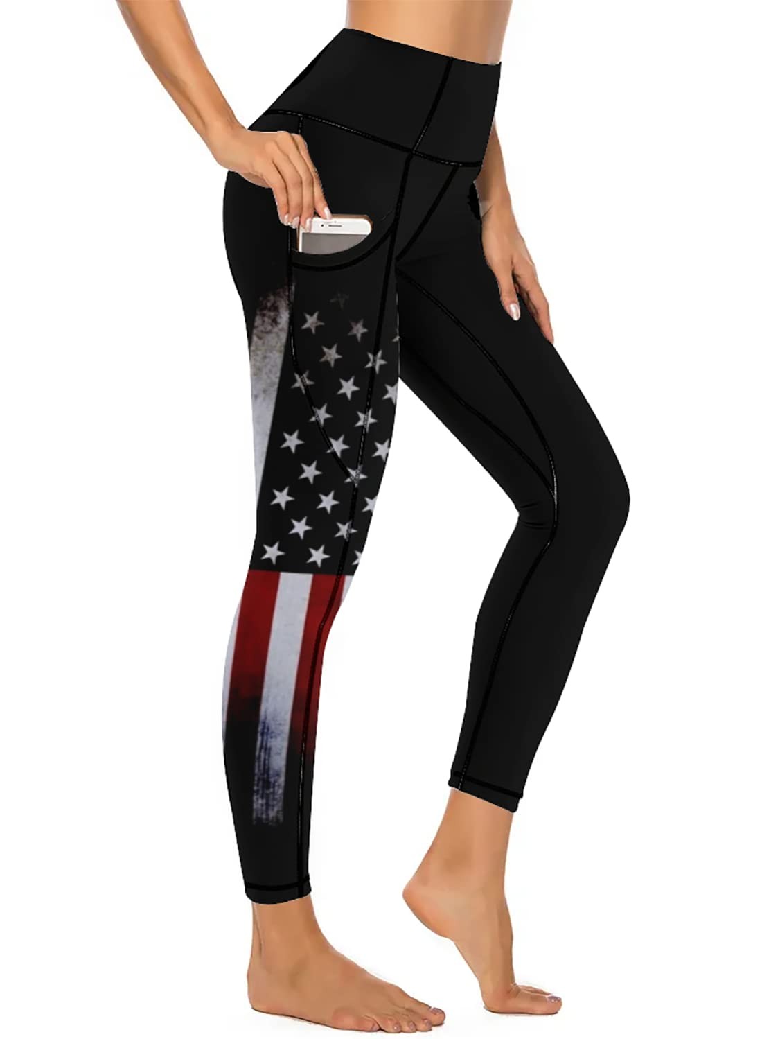 Women High Waist Workout Leggings American Flag Gym Athletic Tummy Control Yo...