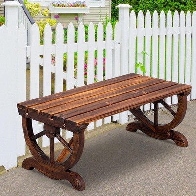 2-Person Wagon Wheel Wooden Garden Bench Seat Chair for Backyard Patio Brown