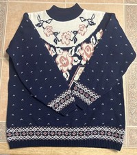 Carriage Court Vtg 80s/90s Womens L Navy Pink Artsy Sweater Floral Roses