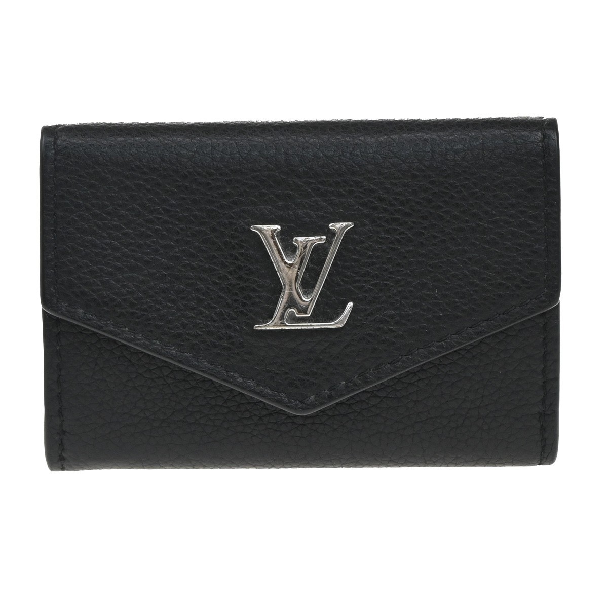 LOUIS VUITTON LV Logo Lock Mini Trifold Wallet Calf Leather Black