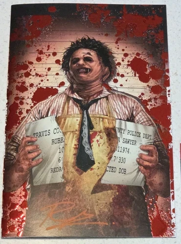 Killer Mugshots: Leatherface SPOT FOIL Virgin BLOOD SPLATTER w/COA SIGNED Raymon