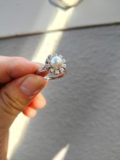 585 Weißgold Ring Gr. 66 mit Perle & 10 Zirk...