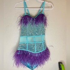 Weissman Dance Costume Blue Purple Feather Leotard SAMPLE Size Large Adult NEW