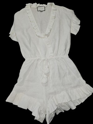 Alexis White 100% Linen Romper Ruffle Trim V-Neck Drawstring Waist Women s Size 