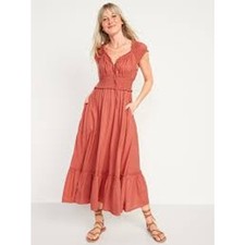 Old Navy Waist-Defined Puff-Sleeve Clip-Dot Midi Dress Rust XXL