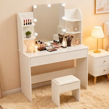 Tavolo da Trucco Toeletta Tavolo Cosmetico con Sgabello Illuminazione LED Specchio Bianco