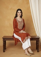 Women's Brown Embroidered Silk Blend Kurta Top Tunic Dress NEW
