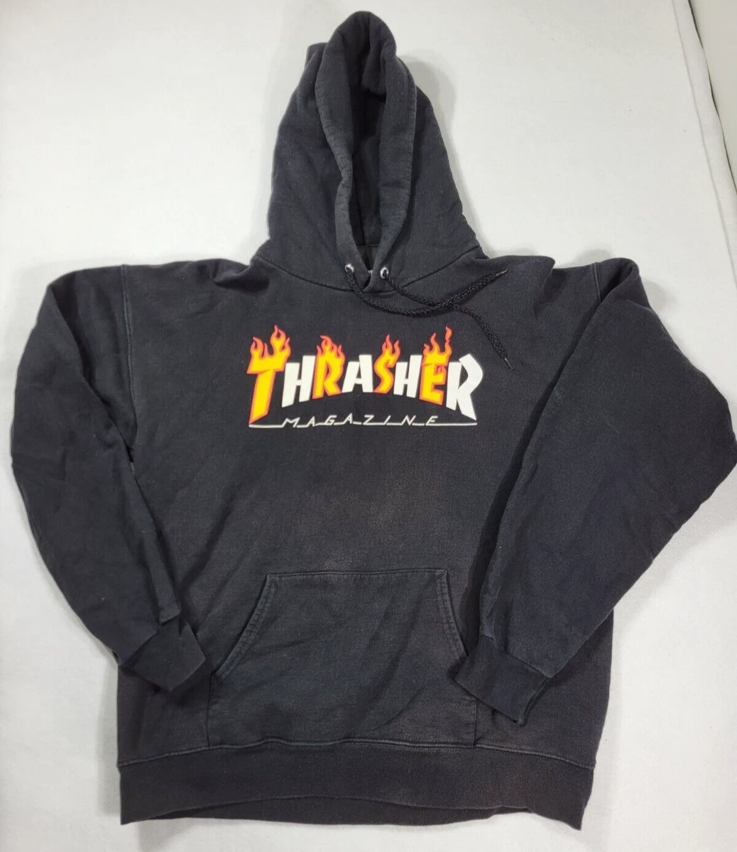 Thrasher Magazine San Fran Hoodie Black Cotton Blend Distressed Sz