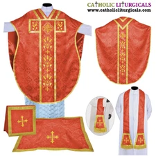 New Red Chasuble, St. Philip Neri Style vestment & mass set 5 pc IHS Embroidery