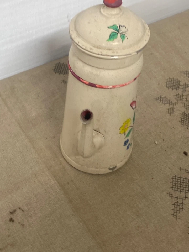 Ancienne théière en aluminium peinte à la main ? Cafetière dans son jus - Photo 3/4