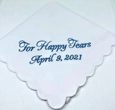 Wedding Bride Groom Happy Tears Embroidered Scalloped Handkerchief Personalized