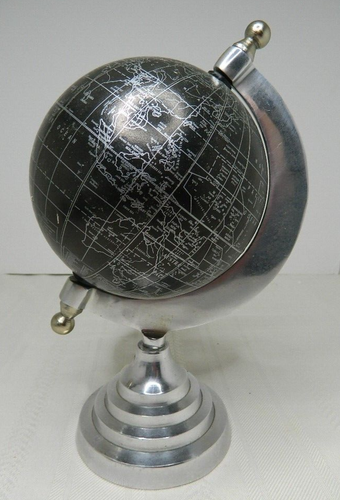 Miniatur Weltkugel schwarz & silber Schreibtischplatte Weltkarte 9,5" hoch dreht sich auf Achse - Bild 1 von 10