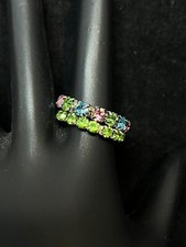 Pair of Silver Tone, Green, Pink And Blue Rhinestone Stretch Ring R237-1 2 
